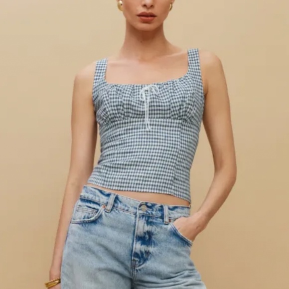 NWT Reformation Balia Linen Top - Slate Check - Picture 3 of 8